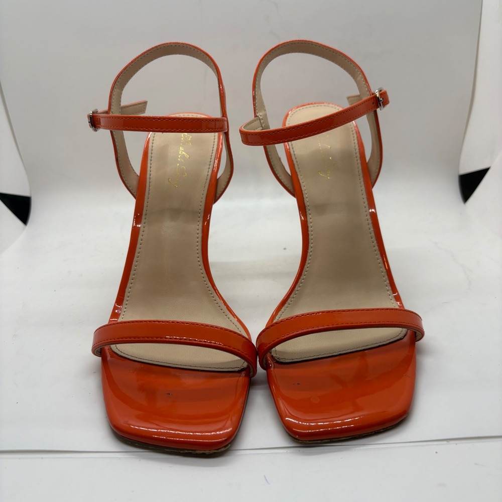 Public Desire Orange Patent Square Toe Stiletto Ankle Strap Heels Size 7.5